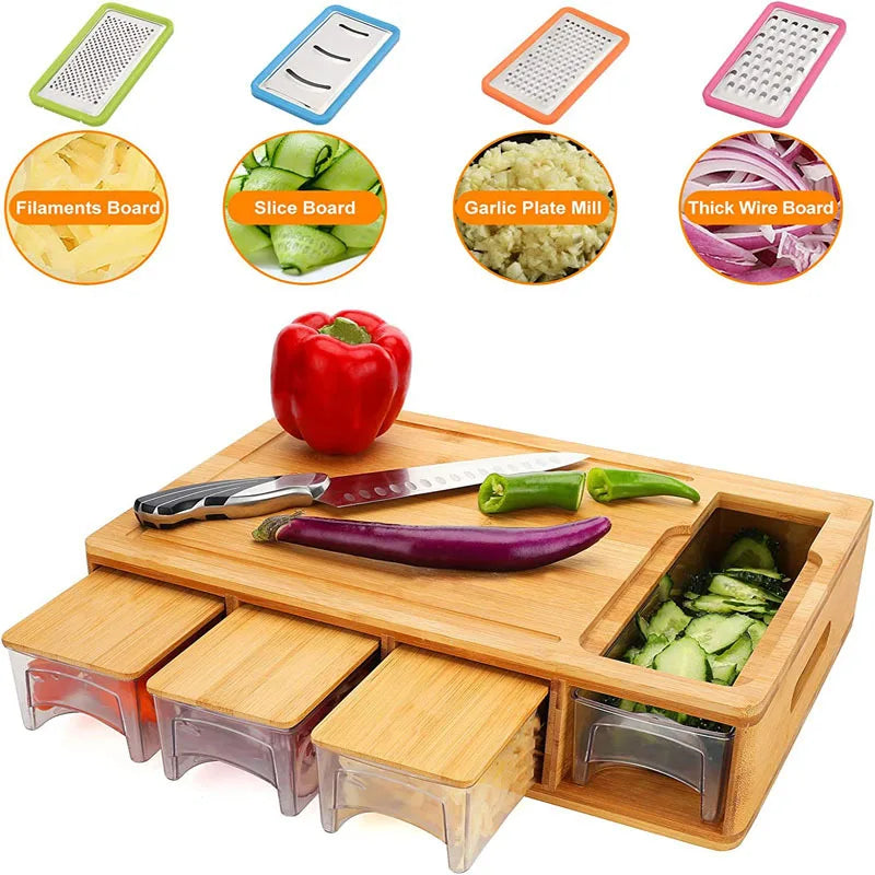 Multi-Functional Bamboo Cutting Board with Drawer and Kitchen Tool Set