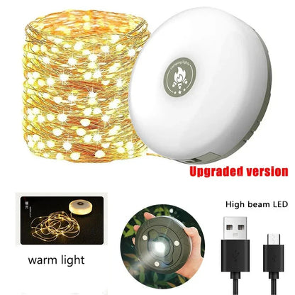 🏕️ CampGlow – 4-in-1 Rechargeable Camping Light & LED String Light