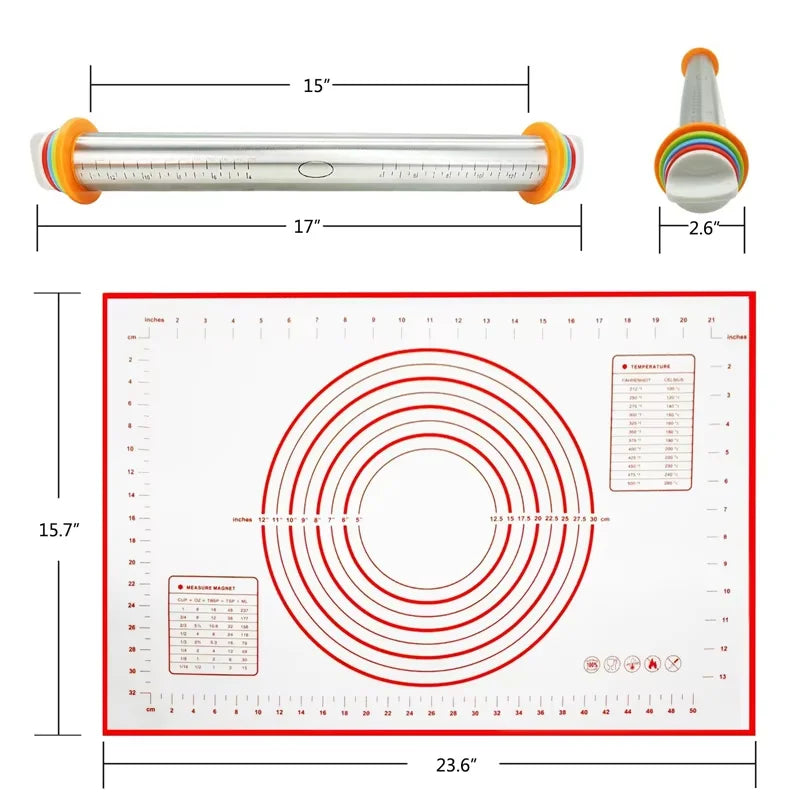Stainless Steel Adjustable Rolling Pin with Baking Mat – 17 Inch