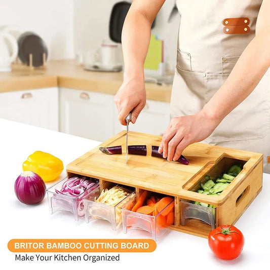Multi-Functional Bamboo Cutting Board with Drawer and Kitchen Tool Set